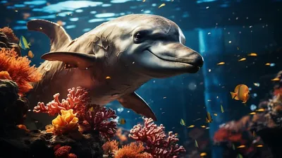 Дельфин киборг в аквариуме, аквариум…» — создано в Шедевруме