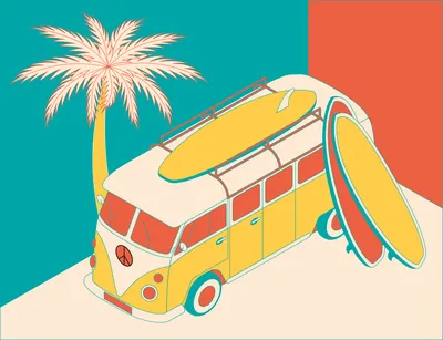 Автобус хиппи катается на серфе» — создано в Шедевруме