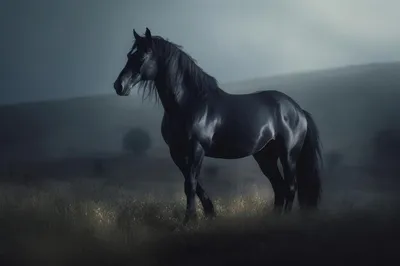 Чёрный конь мустанг с красными …» — создано в Шедевруме