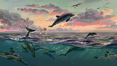 Обои дельфины, прыжок, вода, арт, море картинки на рабочий стол, фото  скачать бесплатно