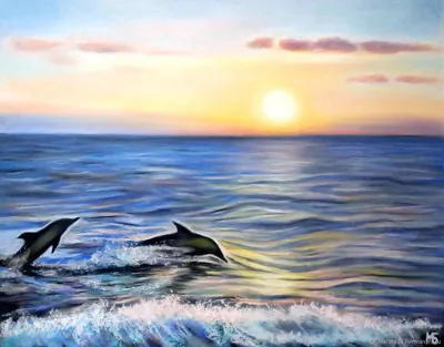 Красивые дельфины на фоне заката …» — создано в Шедевруме