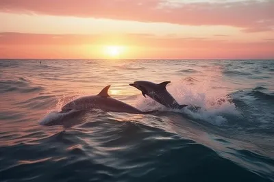Дельфины в океане на закате на фоне заката | Премиум Фото