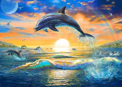 Пазл дельфины на закате - разгадать онлайн из раздела \"Картины\" бесплатно