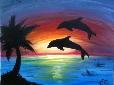 Картинки Дельфины два Море Прыжок Рассветы и закаты Животные