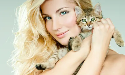 Молодая, красивая девушка с роскошными волосами держит серого кота. Черный  фон Stock Photo | Adobe Stock