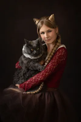 Портрет девушки с котом. Молодая, красивая девушка обнимает кота. Кот любит  ласку, коту нравится лежать на руках у человека. Кот серый, пушистый. Фон  бежевый. У девушки красивое лицо и волосы Stock Photo |