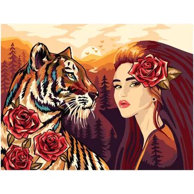 Картина по номерам на картоне ТРИ СОВЫ \"Девушка с тигром\", 30*40, с  акриловыми красками и кистями купить оптом