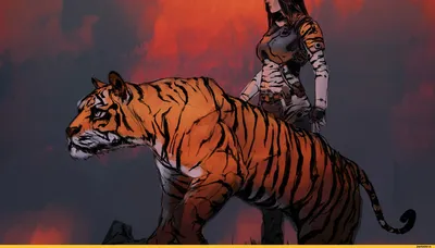 Девушка обнимает тигра в лесу» — создано в Шедевруме