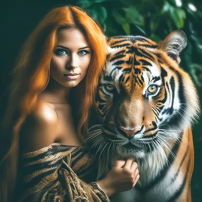 Девушка с тигром (код: 43635). Картины вышитые крестиком ручной работы  купить с доставкой