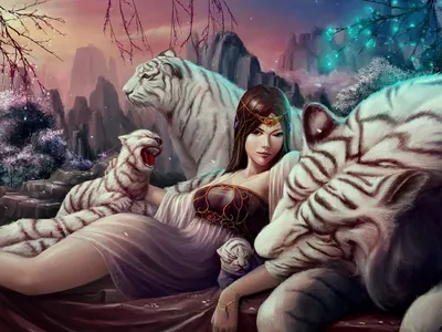 Красивая девушка с тигром в полный…» — создано в Шедевруме
