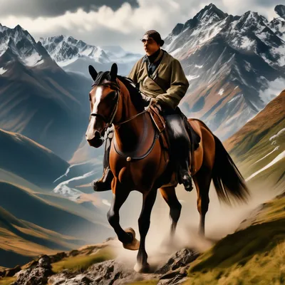 Джигит на коне в горах» — создано в Шедевруме