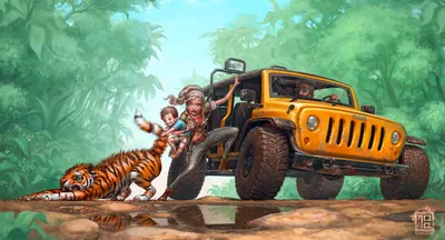 Giraffe and tiger soldiers on military jeep Vector Image