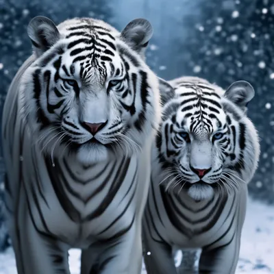 Семейство белых тигров на снегу …» — создано в Шедевруме