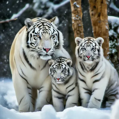 Семейство белых тигров на снегу …» — создано в Шедевруме