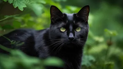 черная кошка с зелеными глазами и фоном зеленых растений, черная кошка  стоит на фоне свежей зелени, Hd фотография фото, кошка фон картинки и Фото  для бесплатной загрузки
