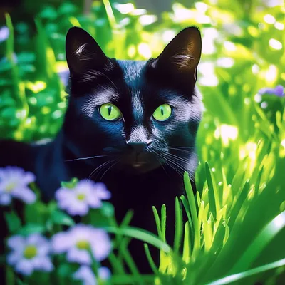 Картина черного кота с зелеными глазами и желтым цветком. | Премиум Фото