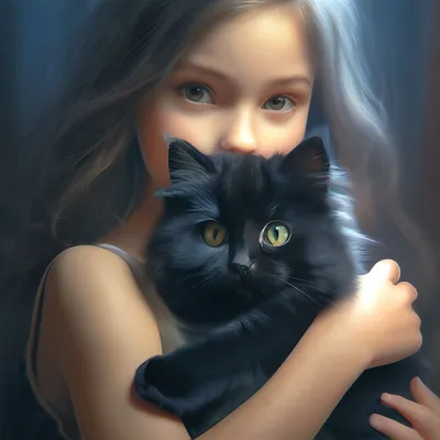 Пушистая черная кошка на руках у …» — создано в Шедевруме