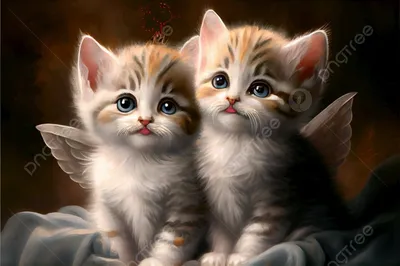Две кошки. Большой серый кот и маленький котенок. Мама кошка и малыш. Мама  серая, пушистая, красивый мех. Котенок маленький, белый с рыжим. Семейный  портрет двух кошек крупно. Кошки смотрят прямо Stock Photo |