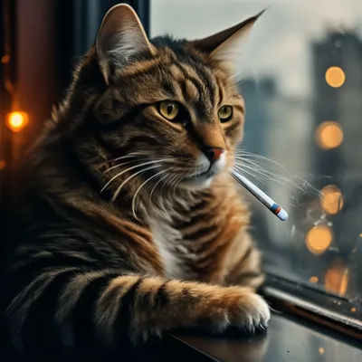 Кот с сигаретой смотрит в окно» — создано в Шедевруме