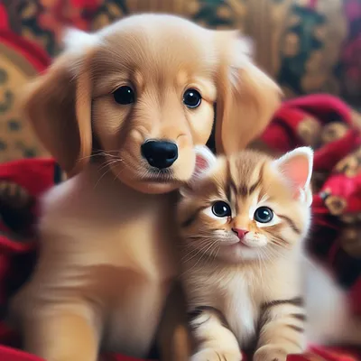 маленький котенок и щенок сидят рядом друг с другом, милые фото котят и  щенков, котенок, милый фон картинки и Фото для бесплатной загрузки