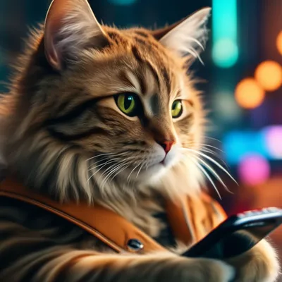 Кот играет в телефон, реалистично, 4…» — создано в Шедевруме