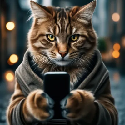 Кот держит в лапе мобильный телефон» — создано в Шедевруме