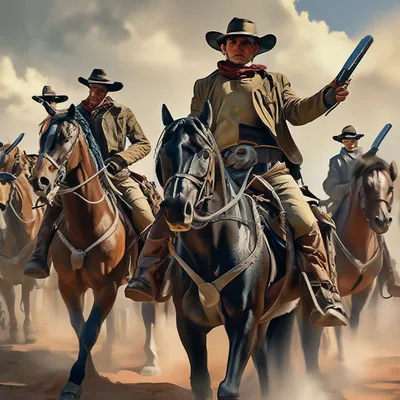 9 Ковбоев на лошадях с револьверами…» — создано в Шедевруме