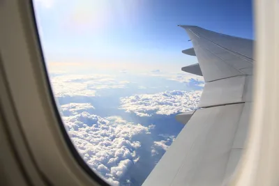 вид крыла самолета из окна на облачном небе на фоне земли Стоковое  Изображение - изображение насчитывающей отключение, муха: 224250747
