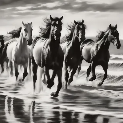 Тройка лошадей, черно белые, линейная…» — создано в Шедевруме