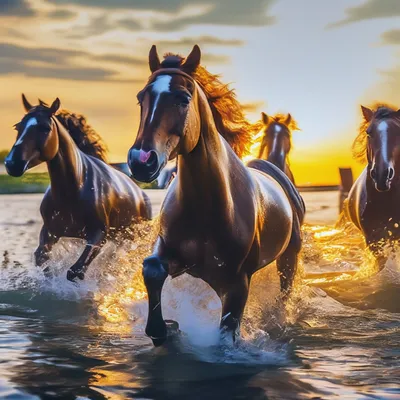 Онлайн пазл «Лошади в воде»