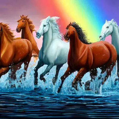 Табун лошадей, 24к , бежит по воде…» — создано в Шедевруме
