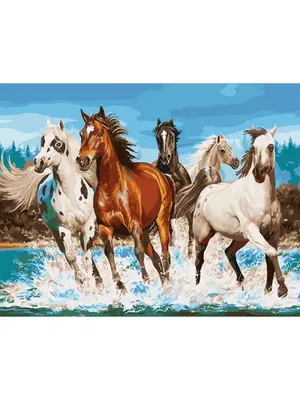 белые лошади бегут по воде - онлайн-пазл