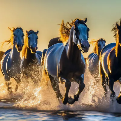 золотые лошади на воде на закате времени широкоэкранный спиртный  Иллюстрация штока - иллюстрации насчитывающей скотины, экран: 273980158