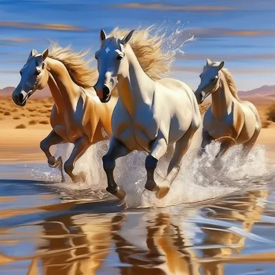 Лошади бегут по воде - онлайн-пазл