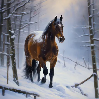 Картинки лошадь Зима Снег Животные