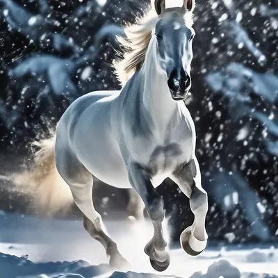 Белая лошадь. Зима. Лошадь бежит по…» — создано в Шедевруме