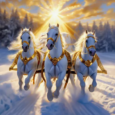 Четыре лошади на снегу зимой - обои на рабочий стол