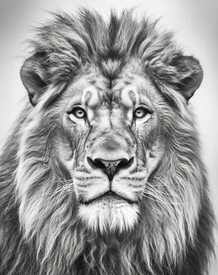 Черно-белое фото льва с очень большой генеративной гривой. | Премиум Фото
