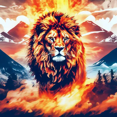 Изображение льва с горой на заднем…» — создано в Шедевруме