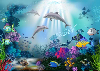 Фотообои Дельфин и рыбки купить на стену • Эко Обои