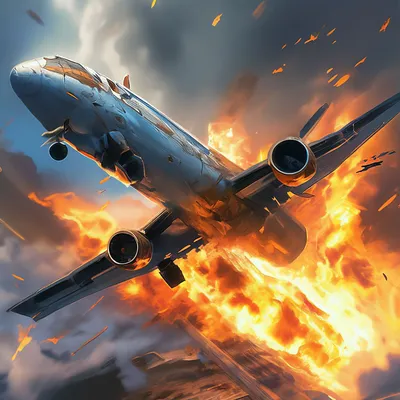 Падающий самолет с горящим крылом» — создано в Шедевруме