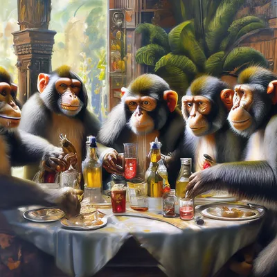 Пьяные обезьяны за столом» — создано в Шедевруме