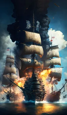 битва двух пиратских кораблей в штормовом море с пушечным огнем и дымом  Иллюстрация штока - иллюстрации насчитывающей корабль, океан: 274129468