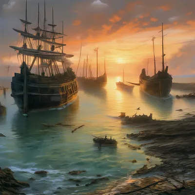 Иллюстрация Остров погибших кораблей в стиле живопись,