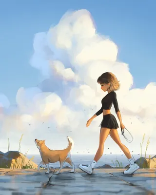 Иллюстрация Девушка выгуливает собаку в парке | Illustrators.ru
