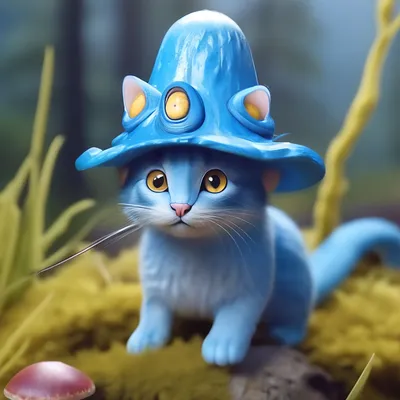 Синий кот с шляпой из гриба идё…» — создано в Шедевруме