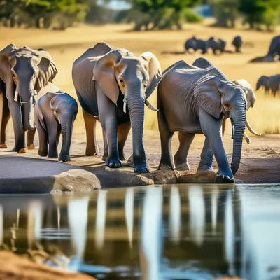 Группа слонов и слонят идёт на …» — создано в Шедевруме