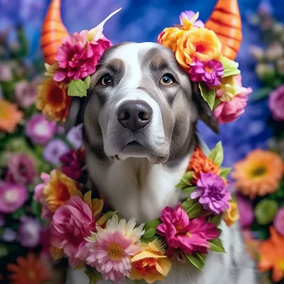 Собака с цветами в зубах - красивые фото
