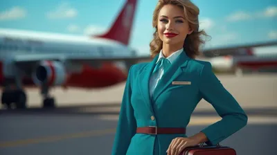 Стюардесса и время в пути. Портрет улыбаясь, где подают стюардессы на фоне  самолета. Стюардесса Стоковое Фото - изображение насчитывающей модель,  плоскость: 202382746