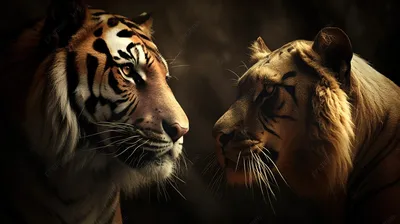 два тигра смотрят друг на друга на темном фоне, картинка льва и тигра, лев,  животные фон картинки и Фото для бесплатной загрузки